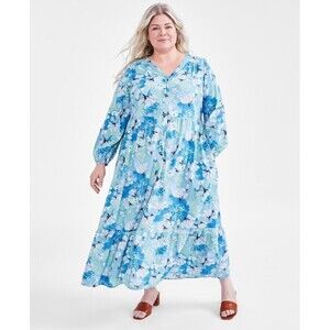 Style Co Women's Plus Size Floral-Print Tiered Arles Linen Maxi Dress Blue 4X